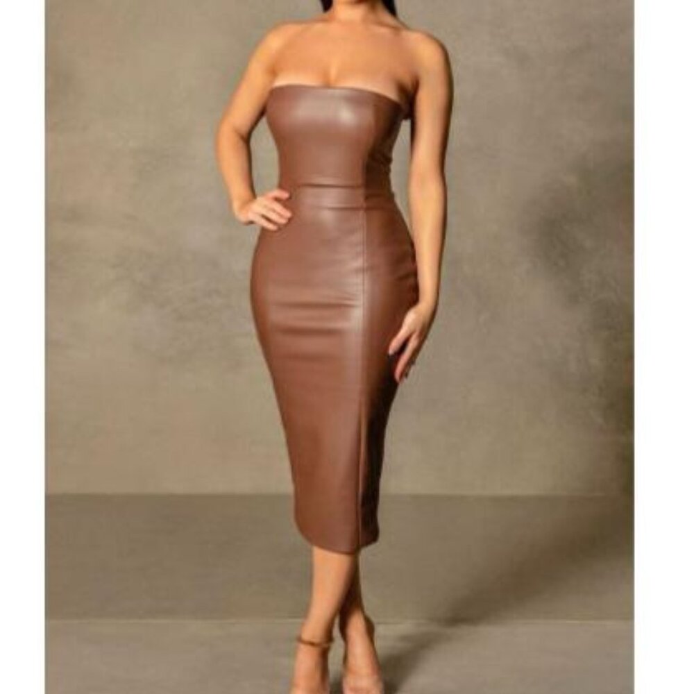 MESHKI - PAMELA Strapless Faux Leather Dress - Chocolate Sz: XS